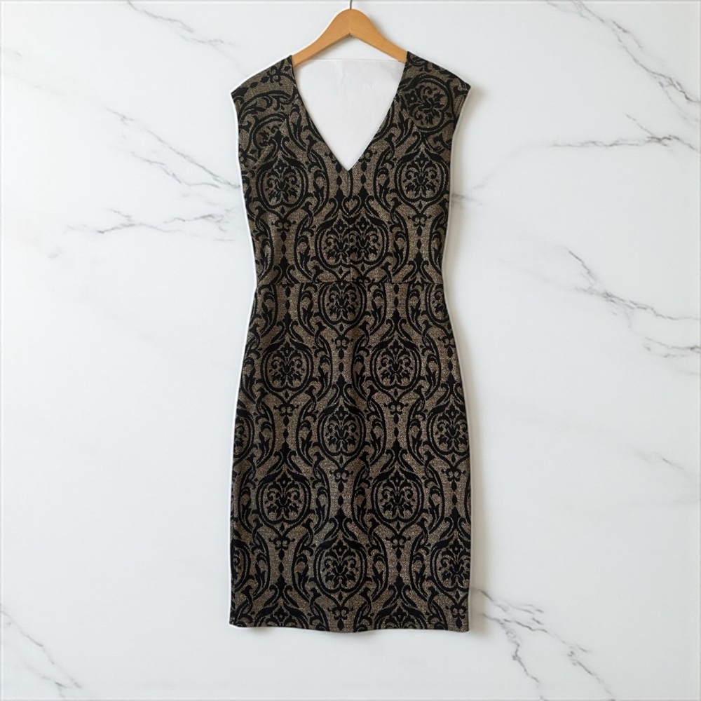 Papermoon Stitch Fix Black Gold Metallic Damask Sheath Midi Dress Size M